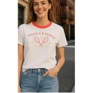 Wildfox Women Size Medium Tequila & Tennis‎ Graphic T-Shirt Snow White